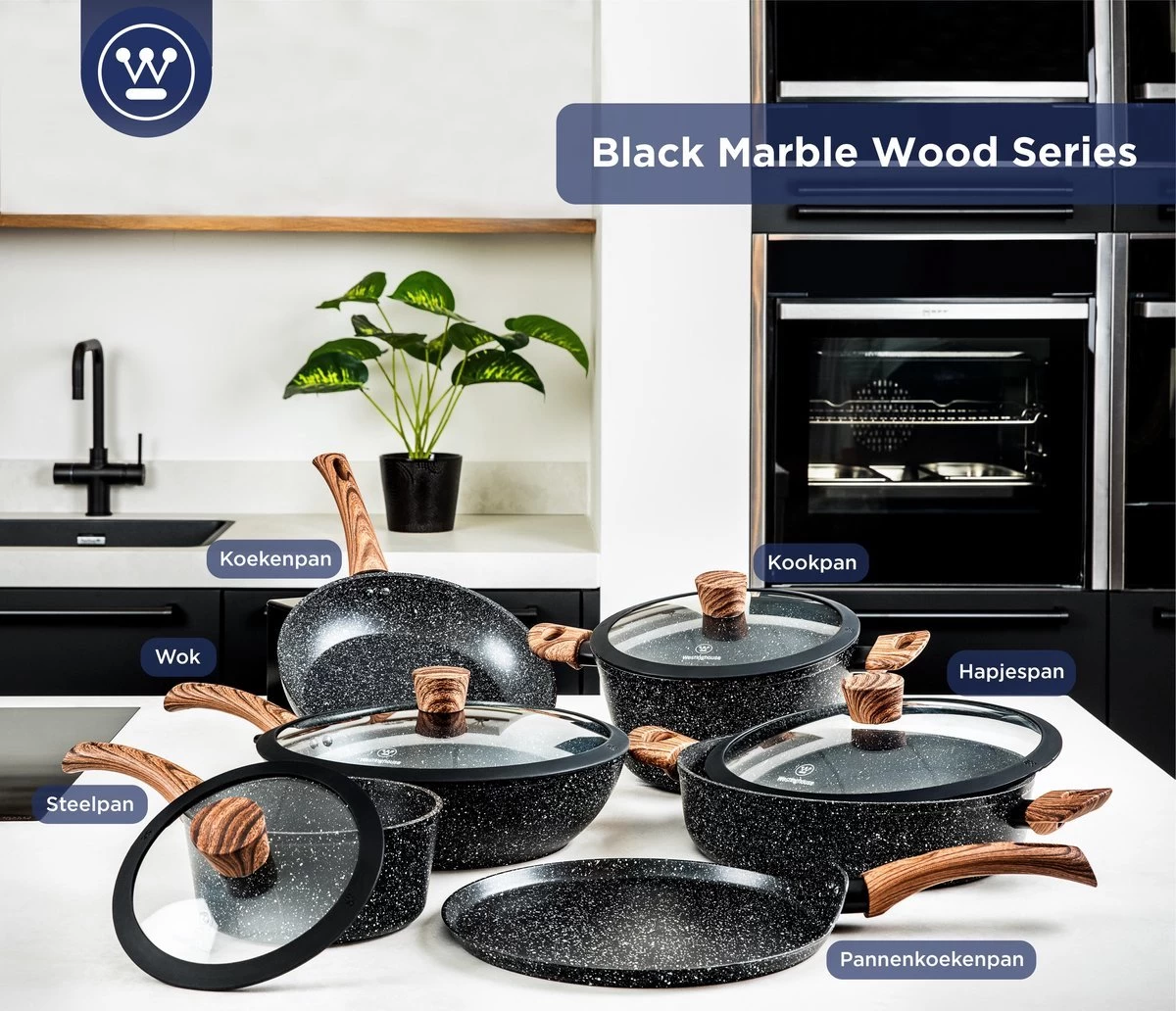 Westinghouse Pannenset Marble Wood (Wokpan ø 30 Cm + Braadpan + Hapjespan ø 28 Cm) - Inductie En Alle Andere Warmtebronnen 9 Westinghouse Pannenset Marble Wood (Wokpan ø 30 Cm + Braadpan + Hapjespan ø 28 Cm) - Inductie En Alle Andere Warmtebronnen - Afbeelding 7