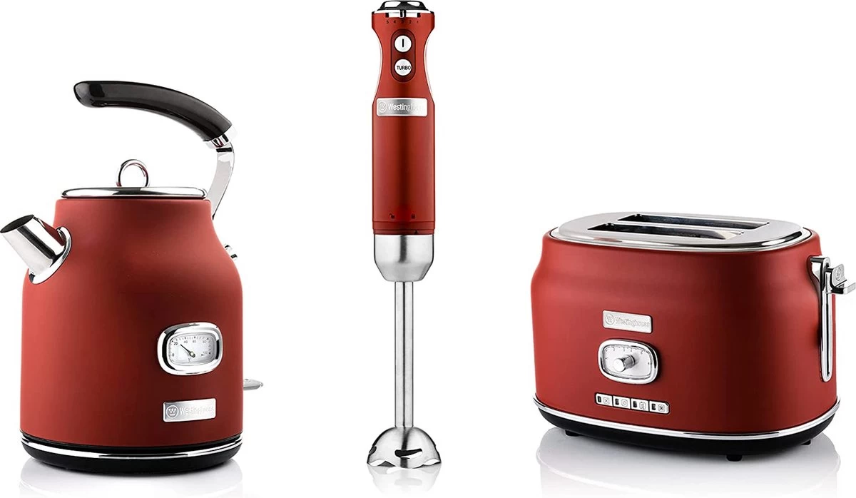 Westinghouse Retro Waterkoker + Broodrooster 2 Sleuven + Staafmixer - Rood 3 Westinghouse Retro Waterkoker + Broodrooster 2 Sleuven + Staafmixer - Rood