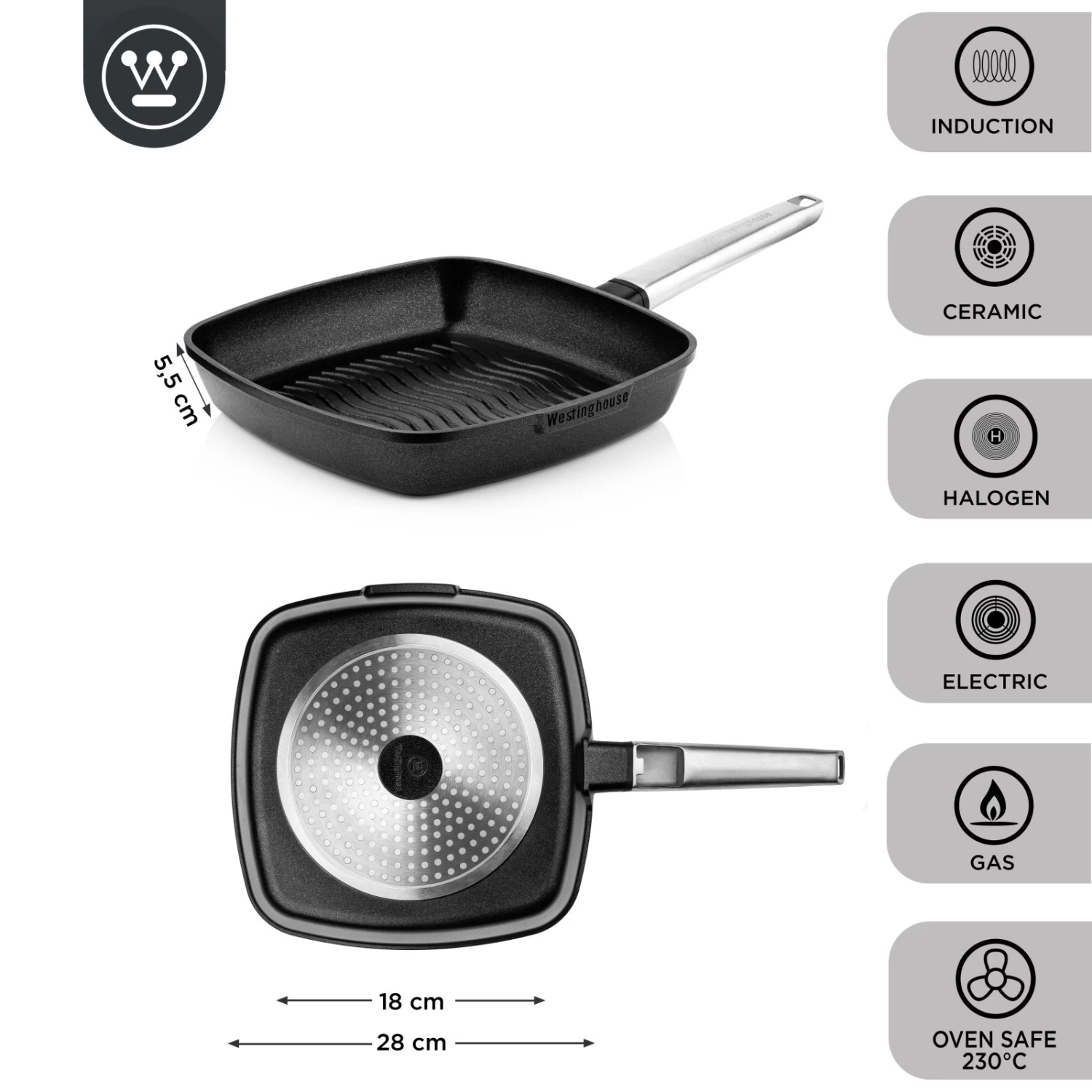 Westinghouse Grillpan Performance - Blissful Black - 28 X 28 Cm - Standaard Anti-aanbaklaag 5 Westinghouse Grillpan Performance - Blissful Black - 28 X 28 Cm - Standaard Anti-aanbaklaag - Afbeelding 3